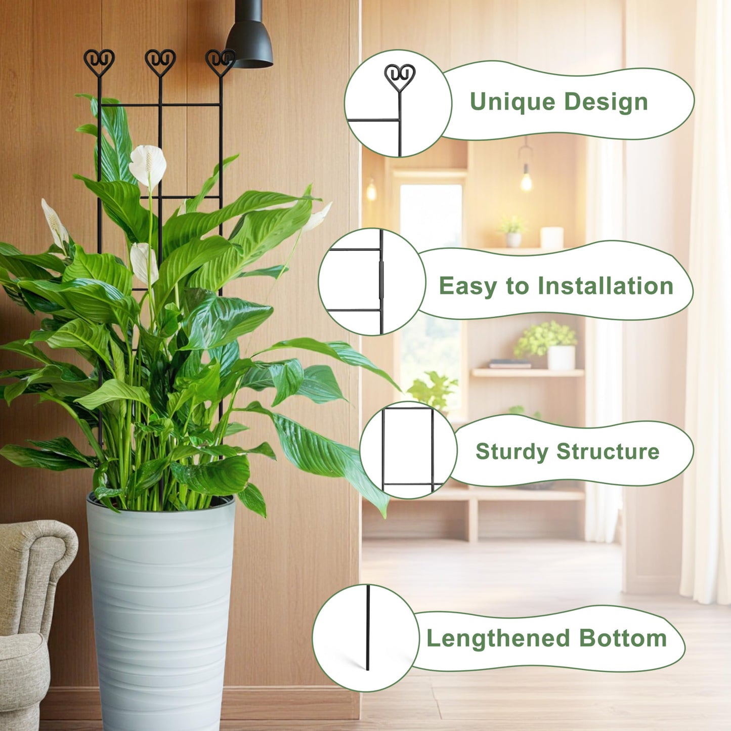 Coomin 4 Pack 32in Monstera Plant Support Stakes for Indoor Plants, Stackable Garden Trellis for Climbing Plants Outdoor, Metal Plant Climber Support for Pothos Philodendron Vine