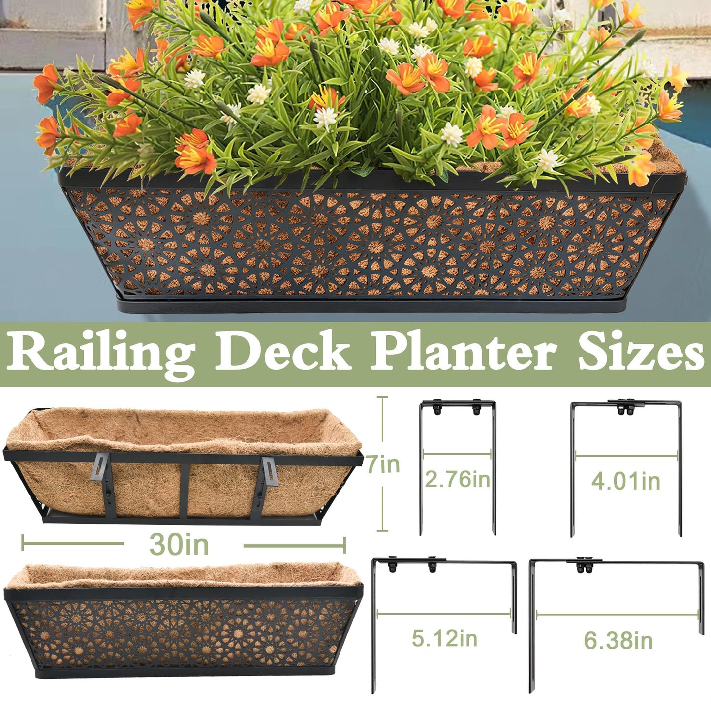 ZVOWOS Black Metal Railing Planter Window Box (4 Pack, 30 Inch) Horse Trough Planter with Coco Fiber Liner Deck Balcony Rail Planter for Porch Fence Patio Outdoor Garden Décor