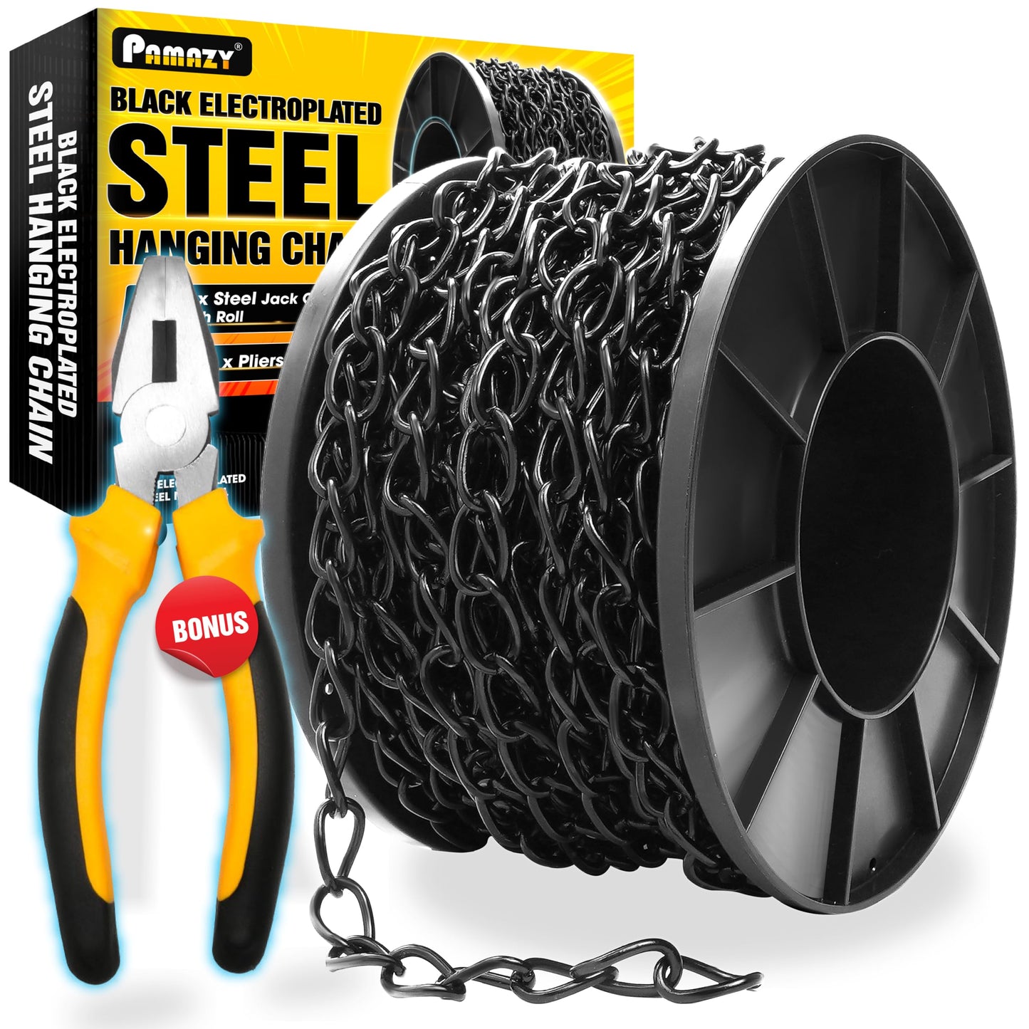 [Upgraded] 50FT Black Electroplated Steel Hanging Chain Roll, Pliers Included, 20LBS Load Capacity, Durable, Rust-Resistant, Adjustable Length for Hanging Bird Feeders, Planters, Lanterns, Billboards