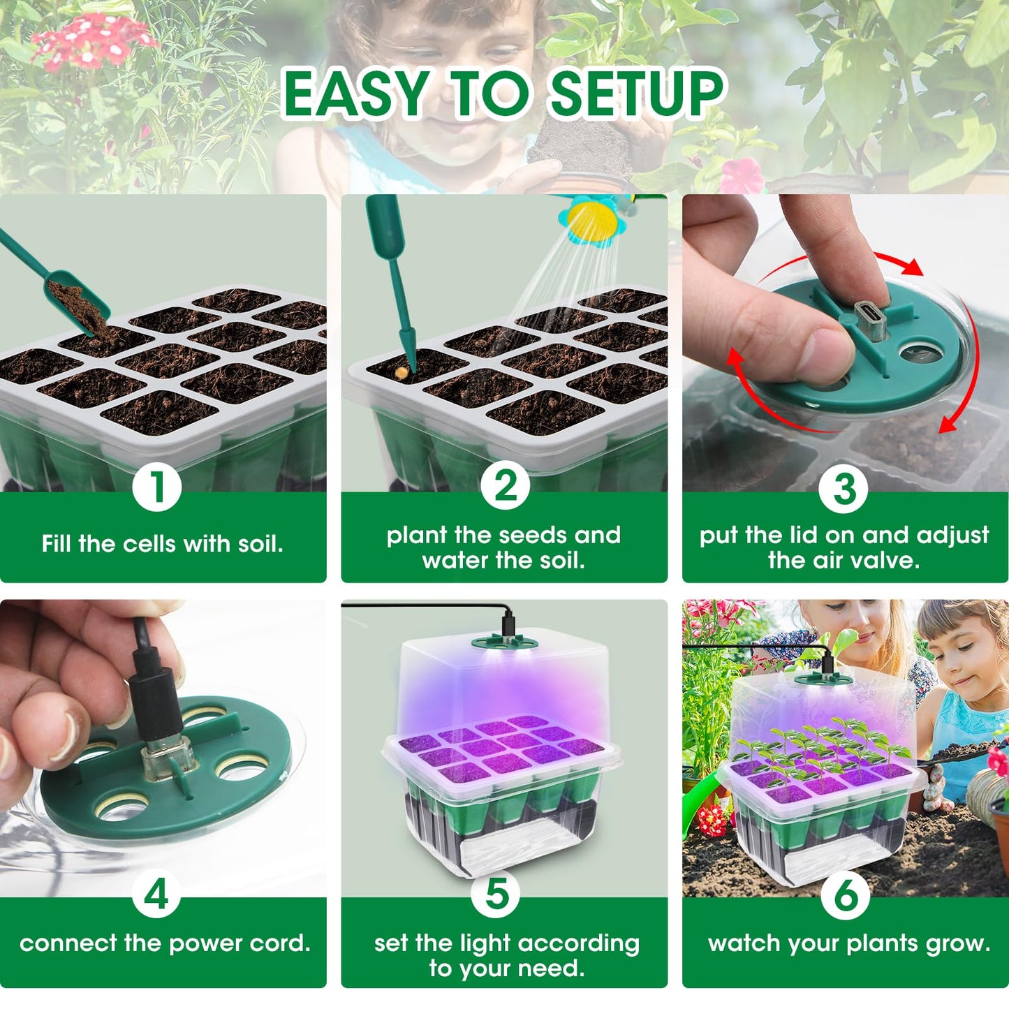 MYMULIKE Seed Starter Tray with Grow Light,5 Pack 60 Cells Seedling Tray Kit Reusable & Dishwasher Safe for Starting Vegetable, Flower & Herb Seeds Indoor Grow Kit for Deep-Rooted Seedlings