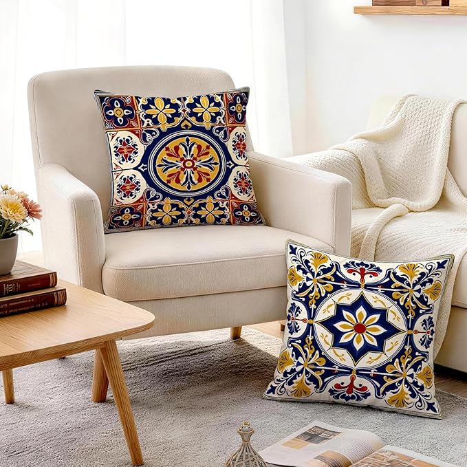 OBSEDE Throw Pillow Covers Set of 4, 18x18 Inch Blue and Yellow Mediterranean