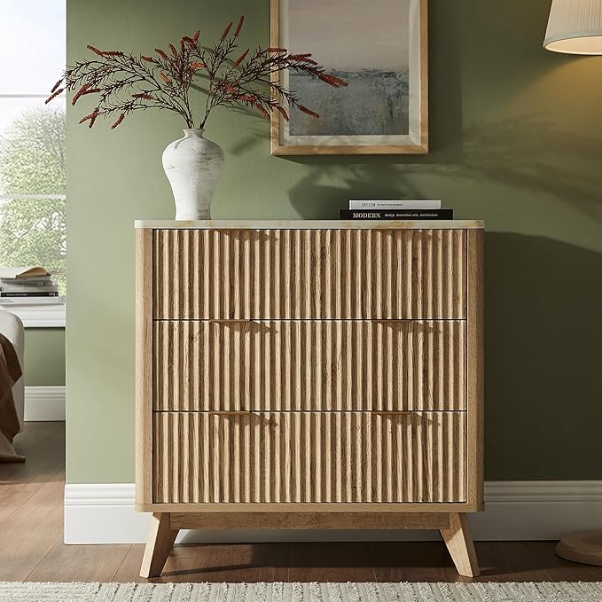 T4TREAM Fluted 3 Drawers Nightstand, Oversized Extra Large Modern Side Table