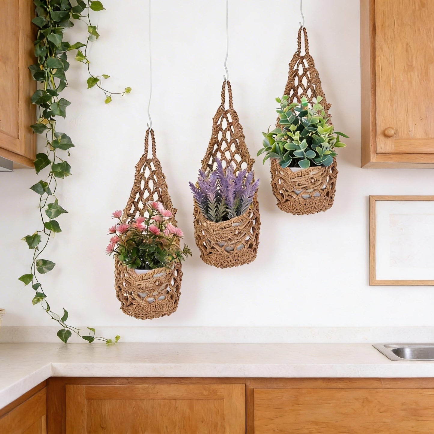 GliCraft 10 Pack Macrame Wall Plant Hanger with Artificial Pot Flower - Boho Wall Hanging Planter for Indoor Plant Cotton Rope Holder with Mini Fake Pot Flower for Home Wedding Decor Gift(Jute)