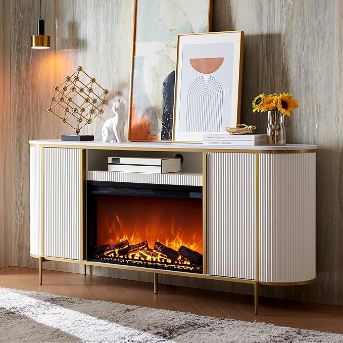 OKD Luxury 70" Fluted Fireplace TV Stand, Modern Chic Entertainment Center