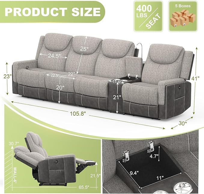 Dresegmt 4 Seat Recliner Sofa, Manual Recliner Couch