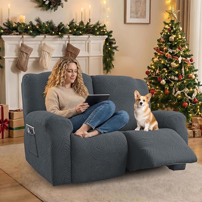 Recliner Loveseat Covers, 4-Piece Stretch Geometric Strokes Jacquard Reclining
