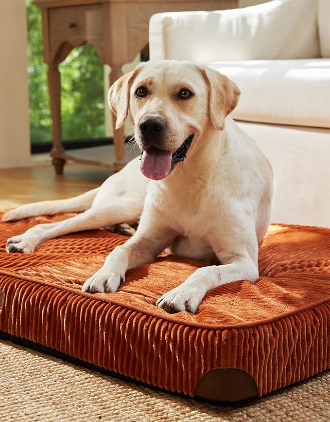 FUKUMARU Dog Bed, Thickened Corduroy Orthopedic Dog Beds with Washable Cover, XL Waterproof Dogs Bed for Crate, 28D Egg Crate Foam Support Pet Mat, Cozy Pet Bed Pad with Anti-Slip Bottom, Orange