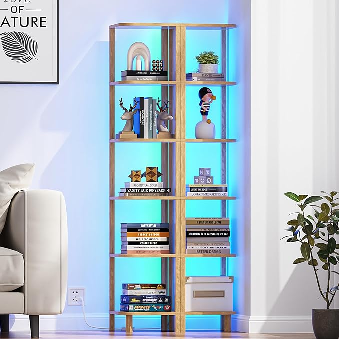 TUTOTAK Corner Shelf with LED Light, 6-Tier Corner Bookshelf