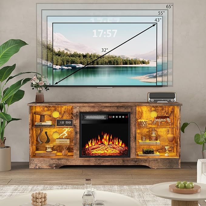 PRETZI Fireplace TV Stand with 18" Fireplace Up to 65" TVs, TV Media Console