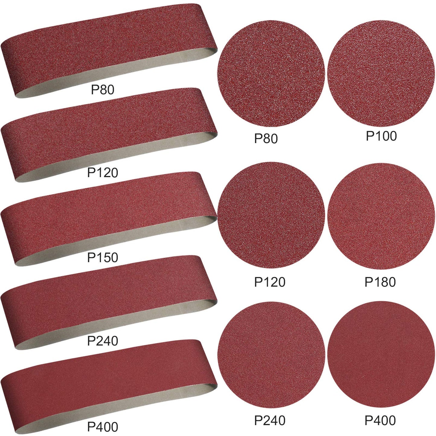 Blulu 22 Pieces Sanding Belts and Sanding Discs Set Includes 4 x 36 Inch Belts (80/120/150/240/400 Grits) and 6 Inch Self Adhesive No Hole Alumina Disc for Bench Combination Sander Woodworking