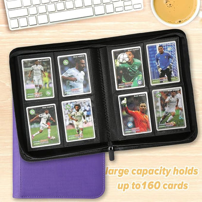 4 Pocket Ringless Side Loading Trading Card Binder, 160 Cards PU Fixed Page Zipper Card Album for TCG Sports Game Cards, Not Fit Top Loaders (Purple)