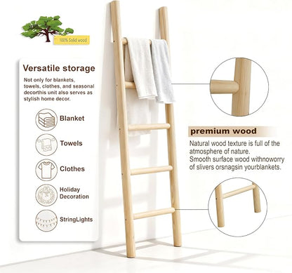 Wooden Blanket Ladder - 57in Natural Wood Color- Leaning Wall Decor for Bedroom, Bathroom, Living Room - Rustic Quilt Holder (Light Wood Color, 57in | Knock Down)