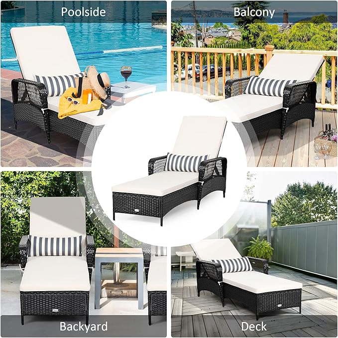 COSTWAY PE Rattan Chaise Lounge Chair Armrest Recliner Adjustable Pillow Black