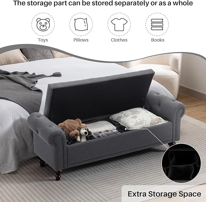 SOFTHION 58.1" Storage Bench Upholstered Linen End of Bedroom Bed Bench Ottoman