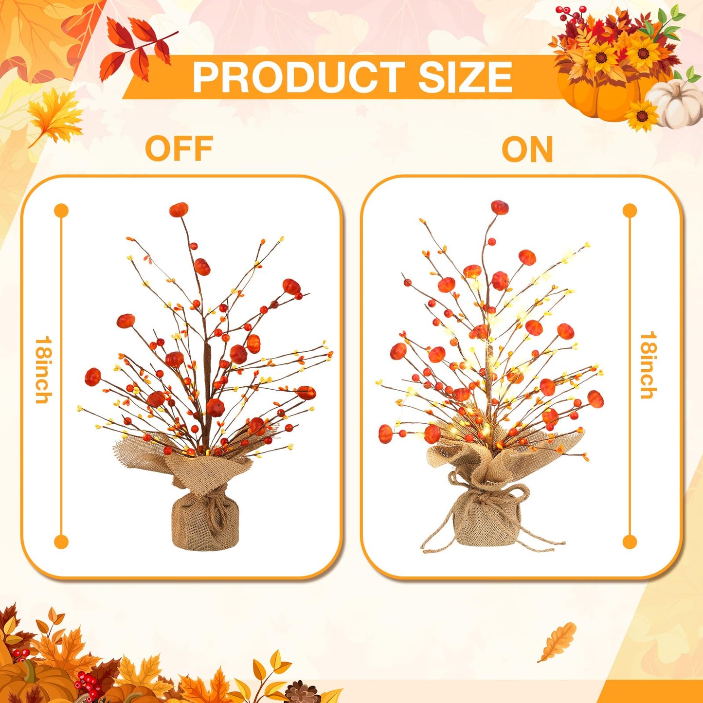 Ganeen 2 Pcs Thanksgiving Lighted Fall Tree Tabletop Decor LED 18 Inch Light up Fall Mini Tree Table Centerpiece Autumn Pumpkin Berry Harvest Decorations Rustic Burlap Base for Home Office Desk Decor