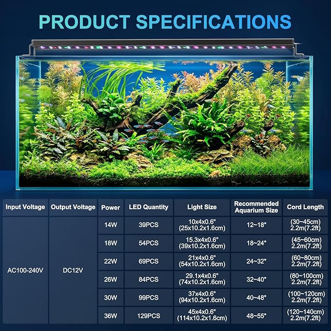 AQQA LED Aquarium Light for Plants, 24/7 Mode Full Spectrum Fish Tank Light with 3 Light Modes, Adjustable Timer/Brightness, Memory Function, Extendable Brackets for Freshwater for 48-55 Inch Tank 36W