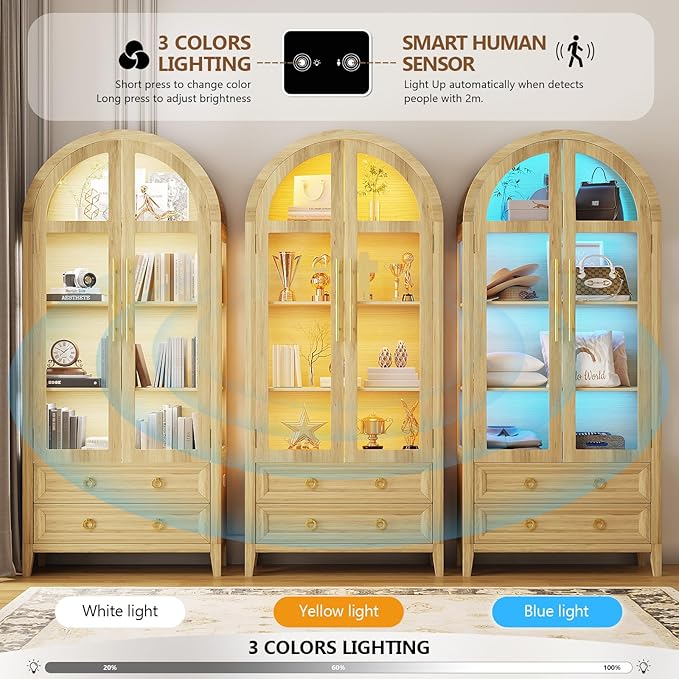 Arched Curio Cabinet with Glass Doors, 4-Tier Display Cabinet with 2 Drawers