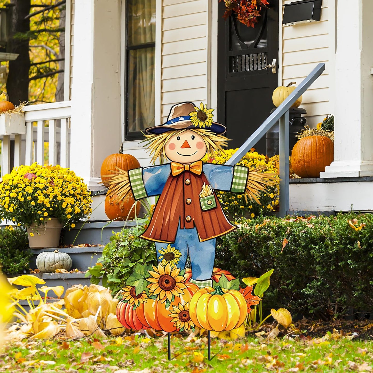 JarThenaAMCS 33" H Fall Scarecrow Metal Garden Stakes Rustic Pumpkin Pile Scarecrow Decorative Lawn Sign for Autumn Thanksgiving Home Outside Lawn Porch Decor