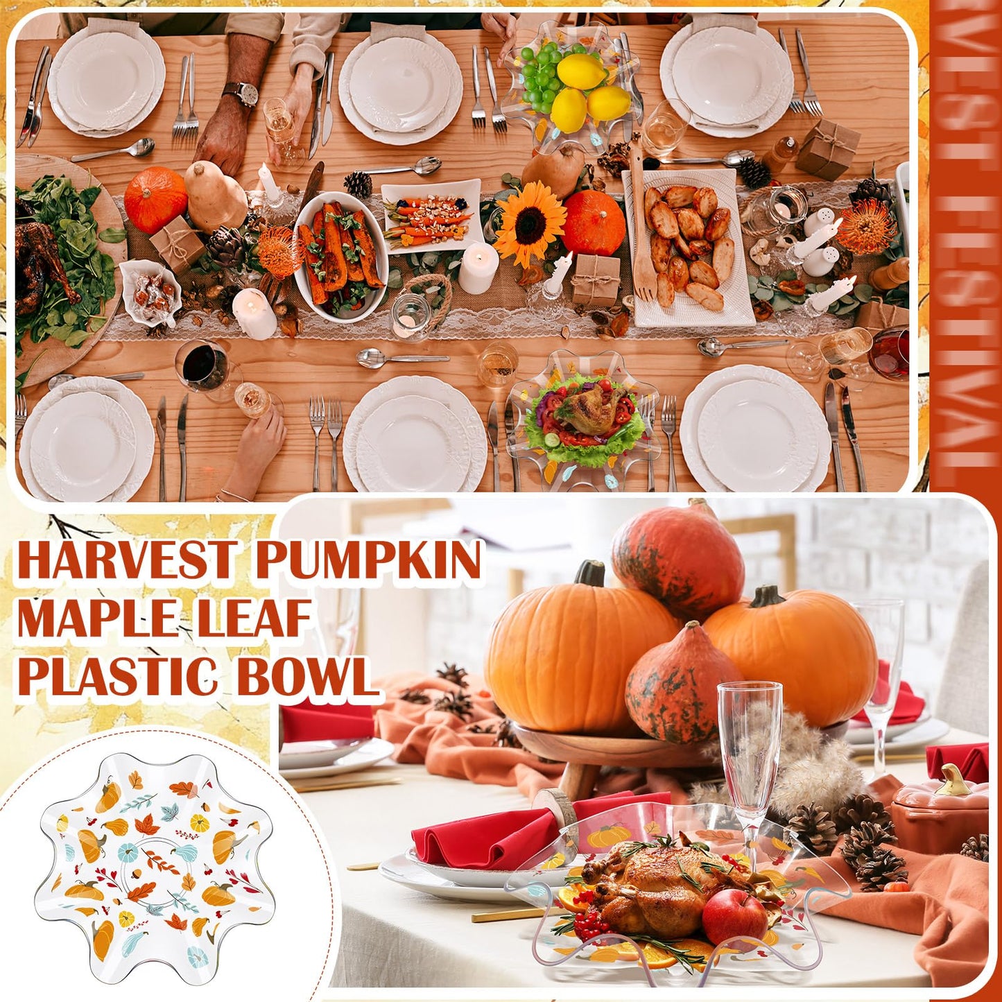 Tioncy 4 Pcs Thanksgiving Plastic Bowls 8 Inch Fall Pumpkin and Autumn Maple Leaves Candy Bowl Reusable Serving Dish for Snack Fruit Holiday Tableware for Thanksgiving Fall Harvest Parties