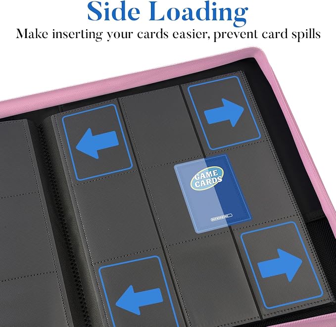 Premium Zip Card Binder, Fabmaker 9 Pocket Trading Card Binder, PU Cover Zipper Card Collection Album, Sturdy 360 Side-Loading Card Folder Holder for Game & Sports Cards, Pink