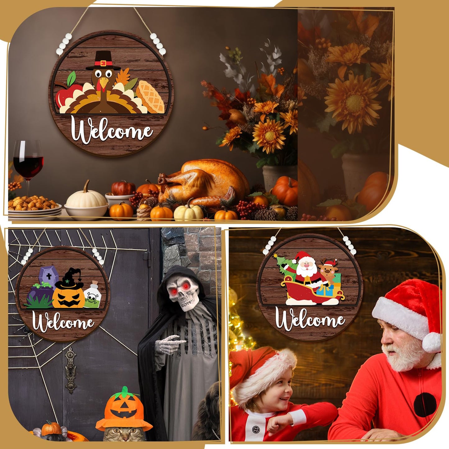 Sintuff 16 Pcs 12 Inch Magnetic Welcome Door Sign Interchangeable Front Door Wreath Decor Rustic Seasonal Hanging Sign Patriotic Summer Decor for Home Warming Gift(White Word, Brown Back)