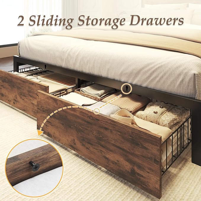 Lifezone Queen Bed Frame with 2-Tier Storage Headboard, Metal Bed Frame with