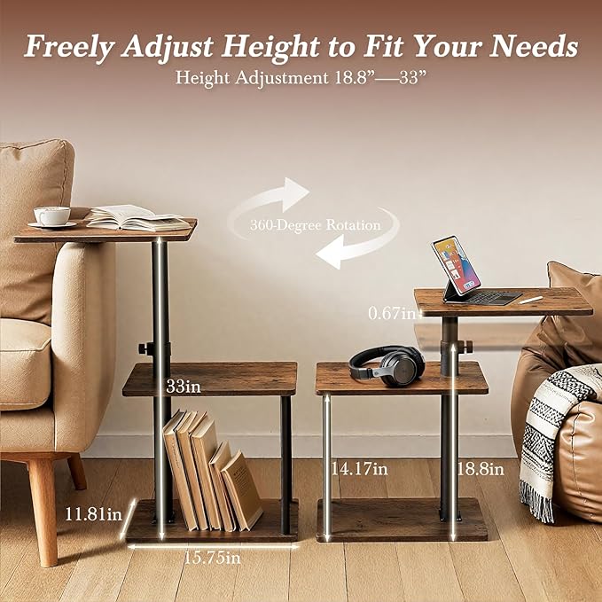 Faesun 360° Swivel Side Table for Height Adjustable, C Shaped End Table for