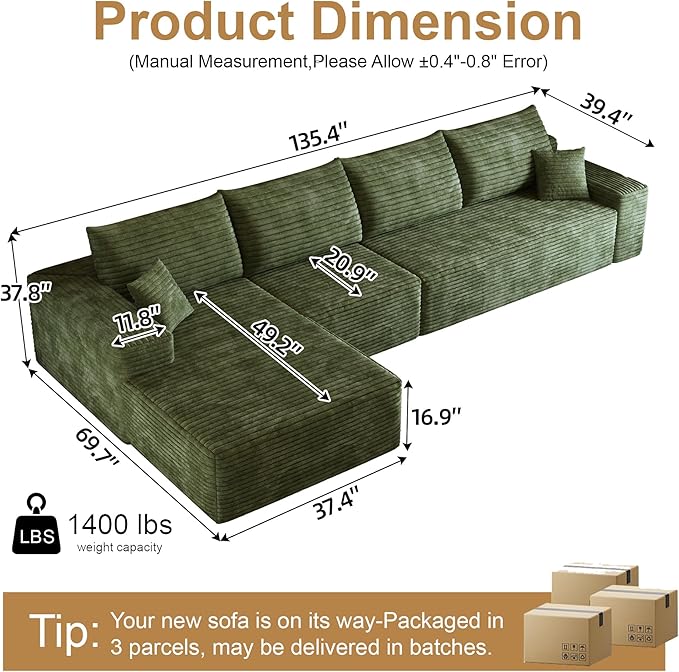 136" Sectional Couches for Living Room Cloud Couch Sofa