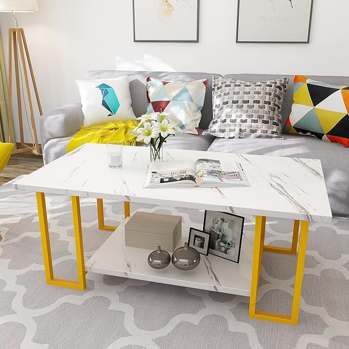 AWQM Marble Coffee Table, Faux Marble Top Rectangular Coffee Table