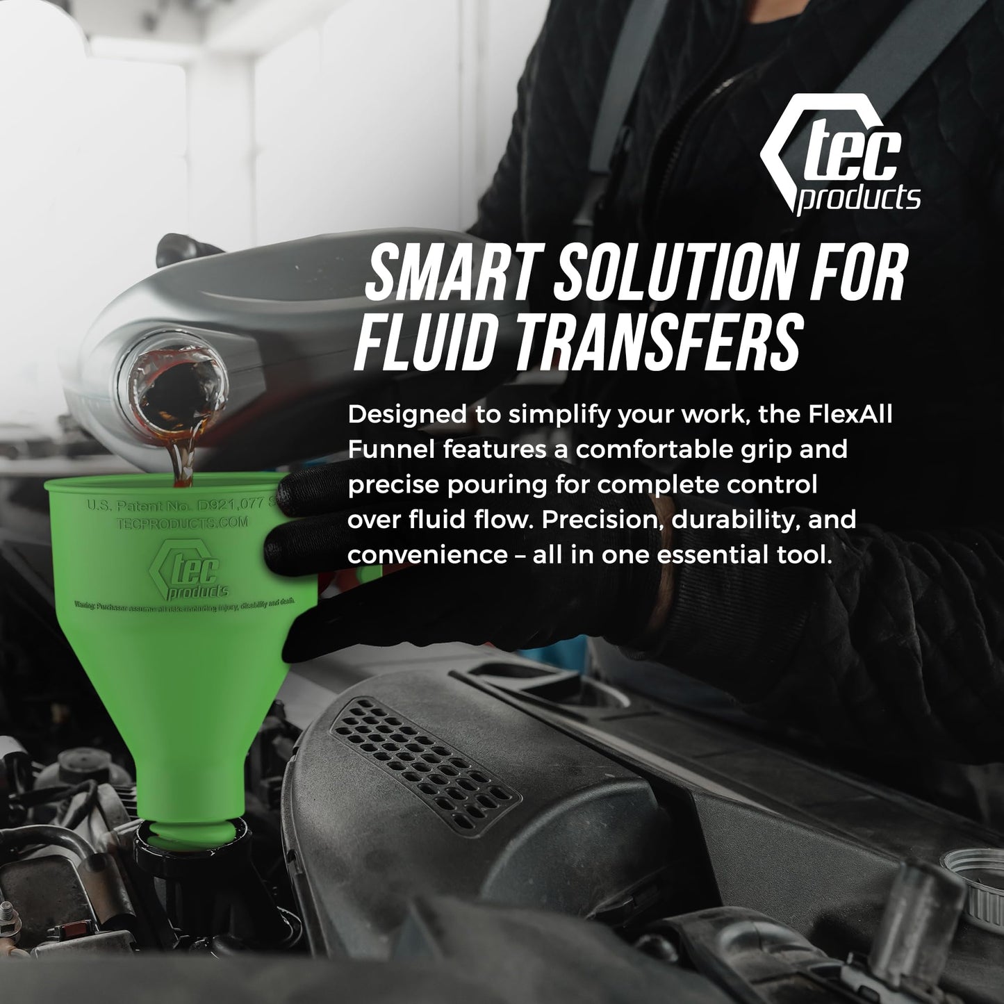 TEC Products FlexAll Long Flexible Funnels - Automotive Oil Funnel with Hose, Durable Nitrile Rubber for Oil Change, Transmission Funnel Fluid, Diesel, Fuel, Gas - Made in USA - Green (16 x 5 Inches)