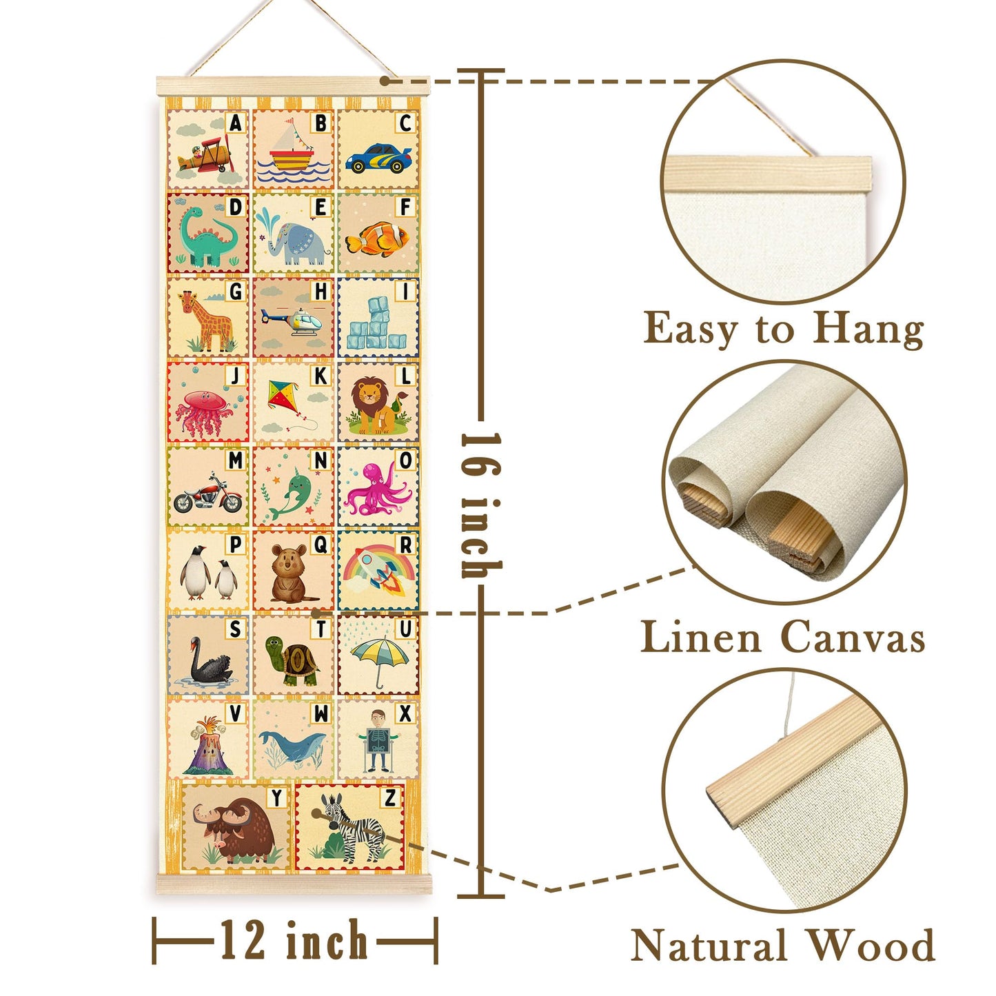TAEDIN Funny Alphabet Classroom Wall Art Poster Hanger Frame, ABC Learning Educational Wall Art with Wood Frames, Animal Letters Hanging Decor for Kids Toddlers Room Nursery Bedroom, 12x35 Inches