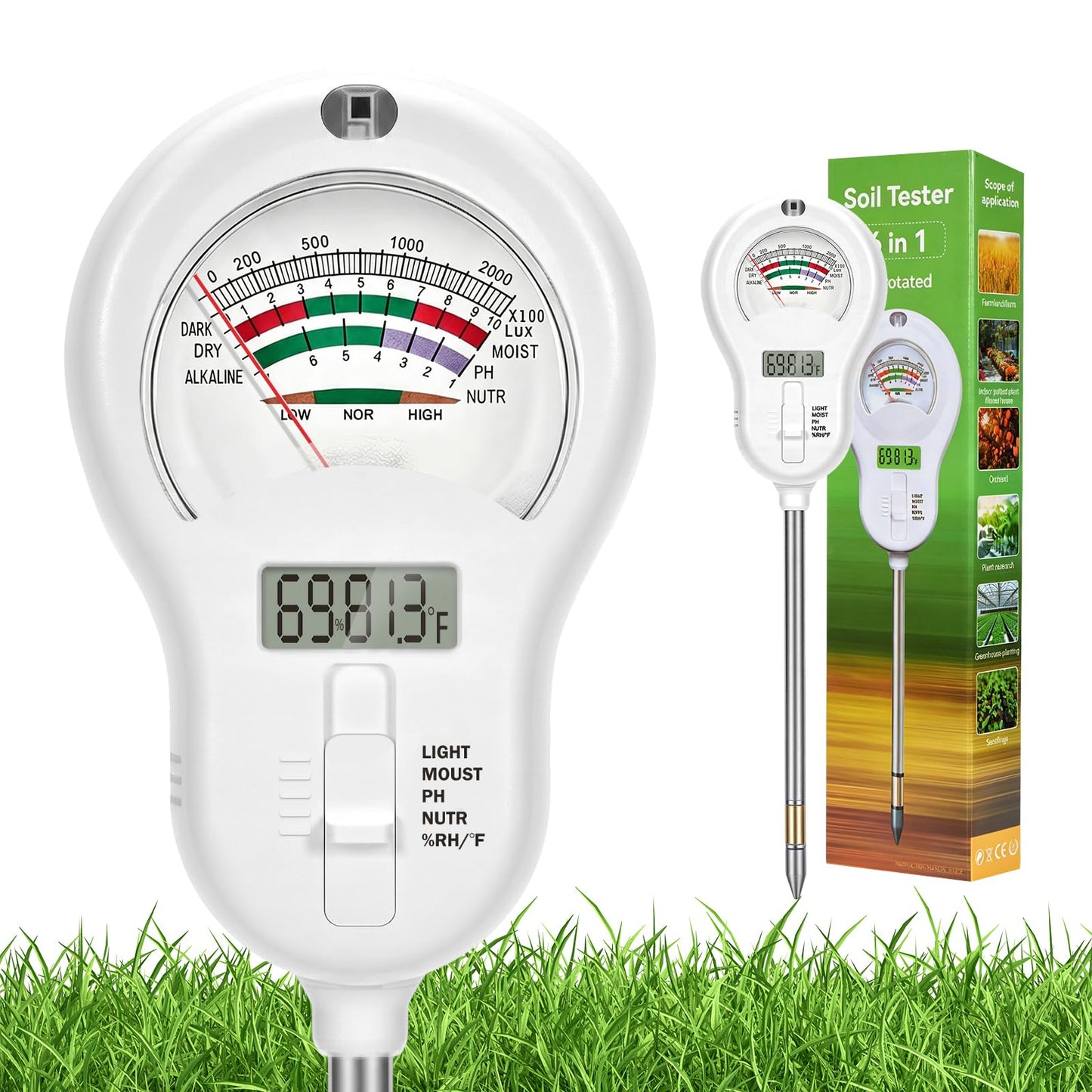 6-in-one Soil Test Kit-Soil Moisture Meter/PH Meter/Fertility/Sunlight Intensity Soil Tester, LCD Air Hygrometer&Temperature Moisture Meter for Plants-Garden, Lawn,Farm,1 Pack Detachable Probe