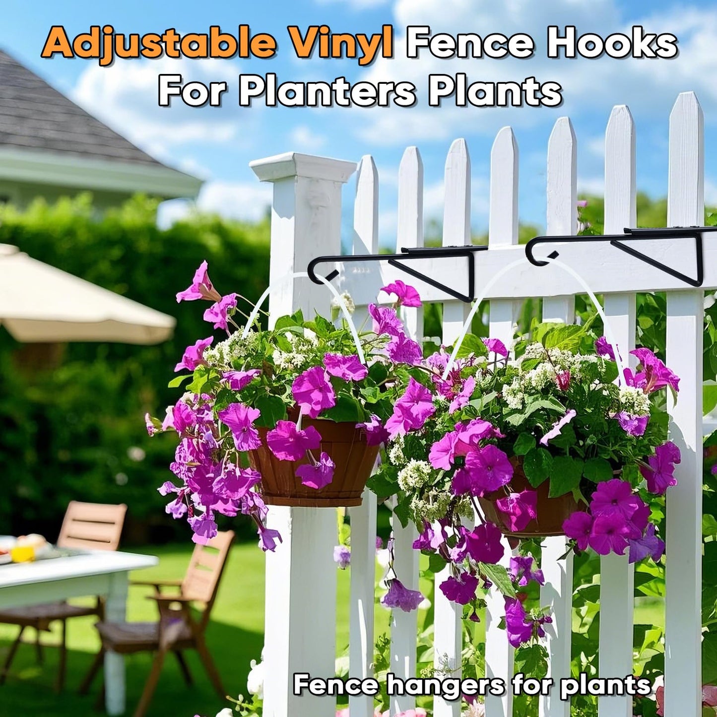 4Pack Adjustable Vinyl Fence Hooks Fit Fence Widths 0.75-3 Inch, Heavy Duty Vinyl Fence Plant Hangers for Hanging Plant Bird Feeders, Lights, Basket Over the Fence Hanger for Hanging Plant Outdoor