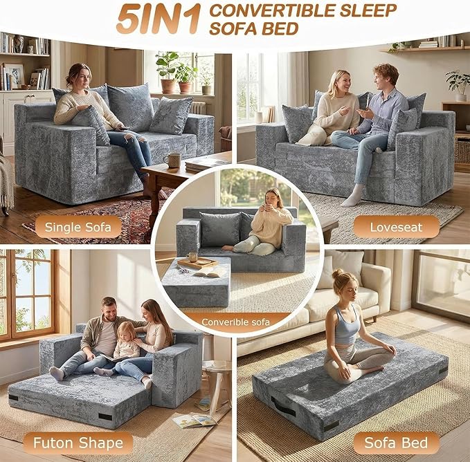 Loveseat Sofa Bed, Convertible Silky Velvet 5-in-1 Foldable Boneless Sleeper