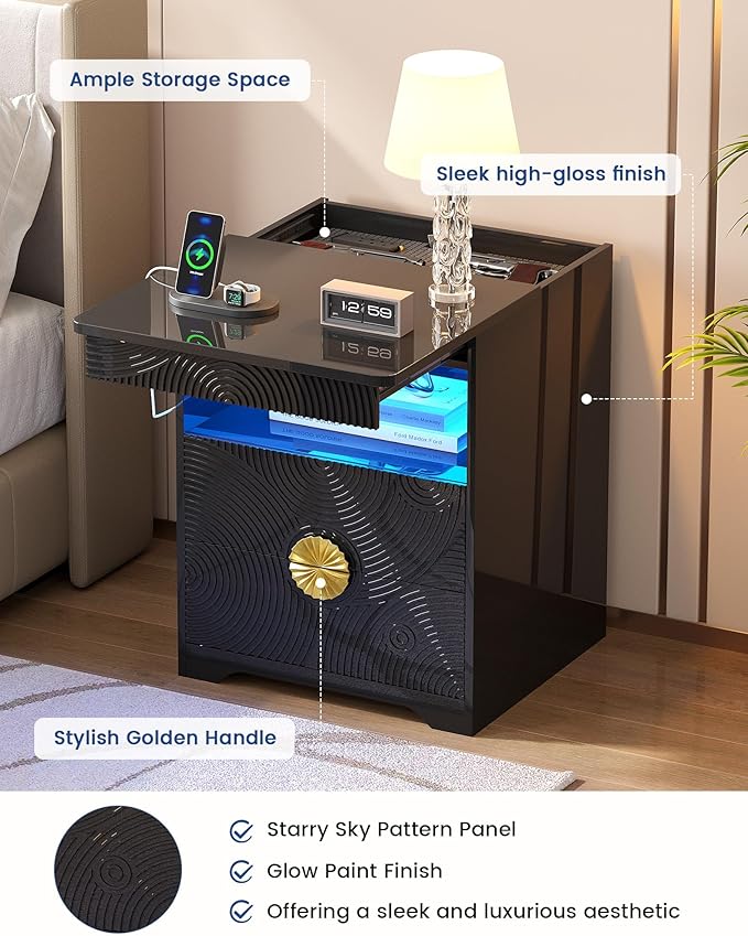 Nightstands Set of 2 with Gun Drawer, Bedside Table with 3-Color LED Lights &