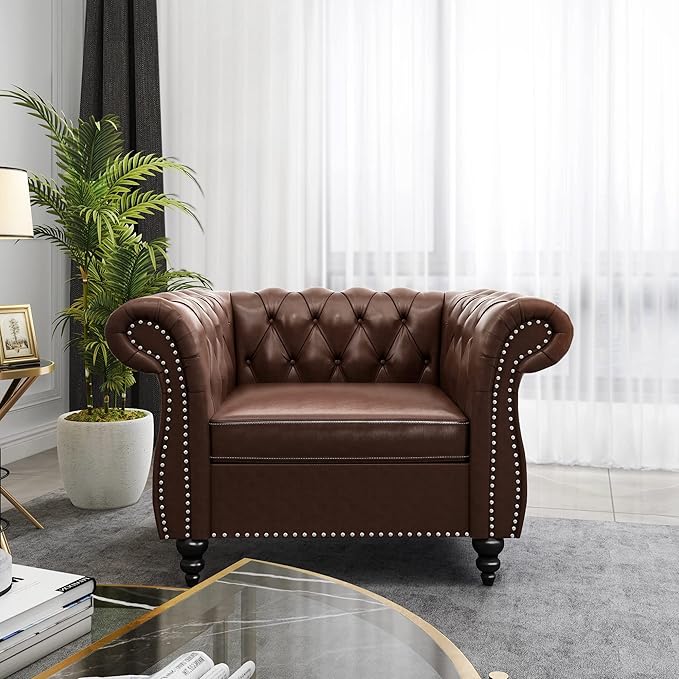 ORRD 2 Piece Living Room Set, Chesterfield Leather Sofa Couch Chair