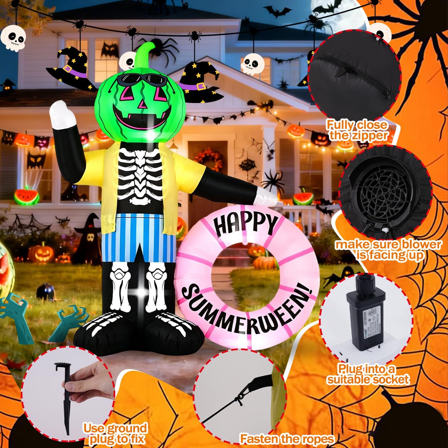 InfleasJoiy 6FT Watermelon Zombie Holding Flower Wreath, Summer Halloween Outdoor Inflatable Decoration with Built-in LED Lights. Suitable for Indoor, Outdoor, and Lawn Parties.
