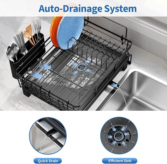 TOOLF Dish Drying Rack - Expandable Dish Rack, Large Capacity Dish Drainer for Kitchen Counter, Stainless Steel Dish Strainer with Cups Holder & Utensil Holder,Black