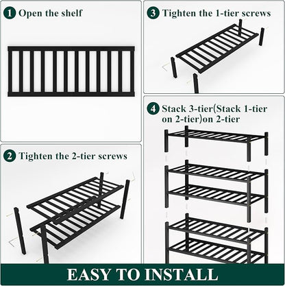 Smiry Bamboo Shoe Rack, 5 Tier Free Standing Wooden Shoe Organizer, Stackable Wood Shoe Storage Shelf for Closet, Entryway, 12 Vertical Slats, 2+2+1 Stack Standard Legs, 26.8"x11"x32.5", Black