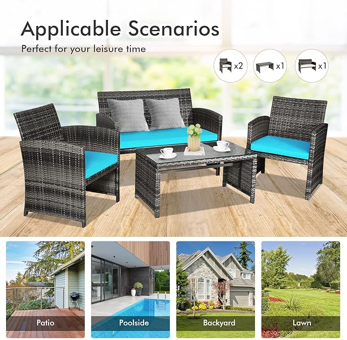 Goplus 4-Piece Rattan Patio Furniture Set, Outdoor Wicker Conversation Sofa