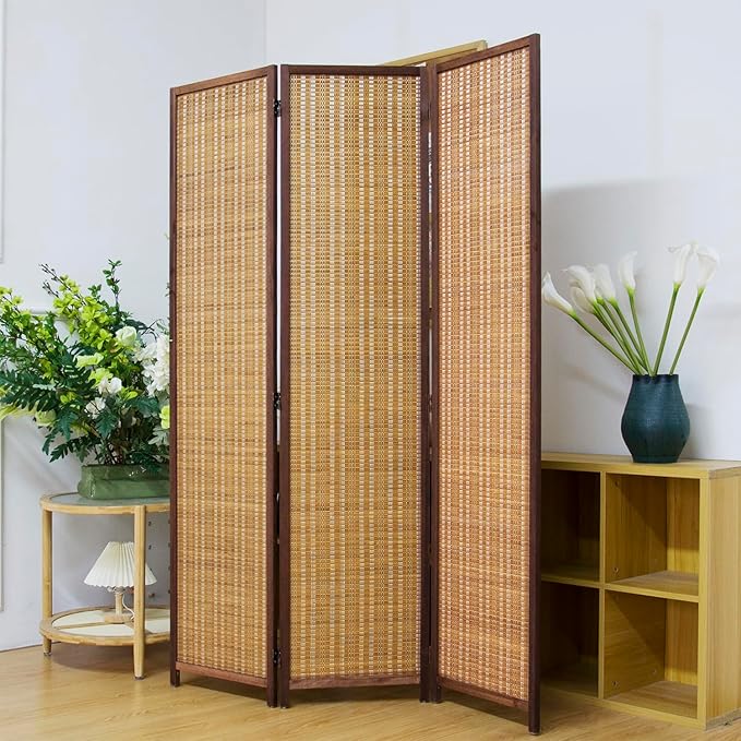 3 Panel Bamboo Room Divider Screen, 5.6 FT Tall Bamboo Divider Folding Panel
