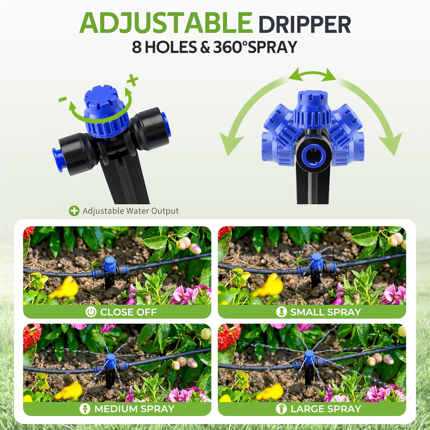 HIRALIY 100FT Garden Watering System, Automatic Drip Irrigation Kit with Adjustable Flow Nozzles, 5-Way Connector, Plastic Material, Modern Style, Ideal for Lawn, Patio, Garden, Raised Bed