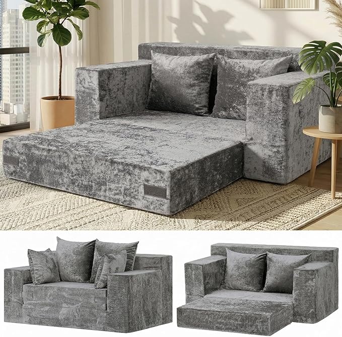 Loveseat Sofa Bed, Convertible Silky Velvet 5-in-1 Foldable Boneless Sleeper