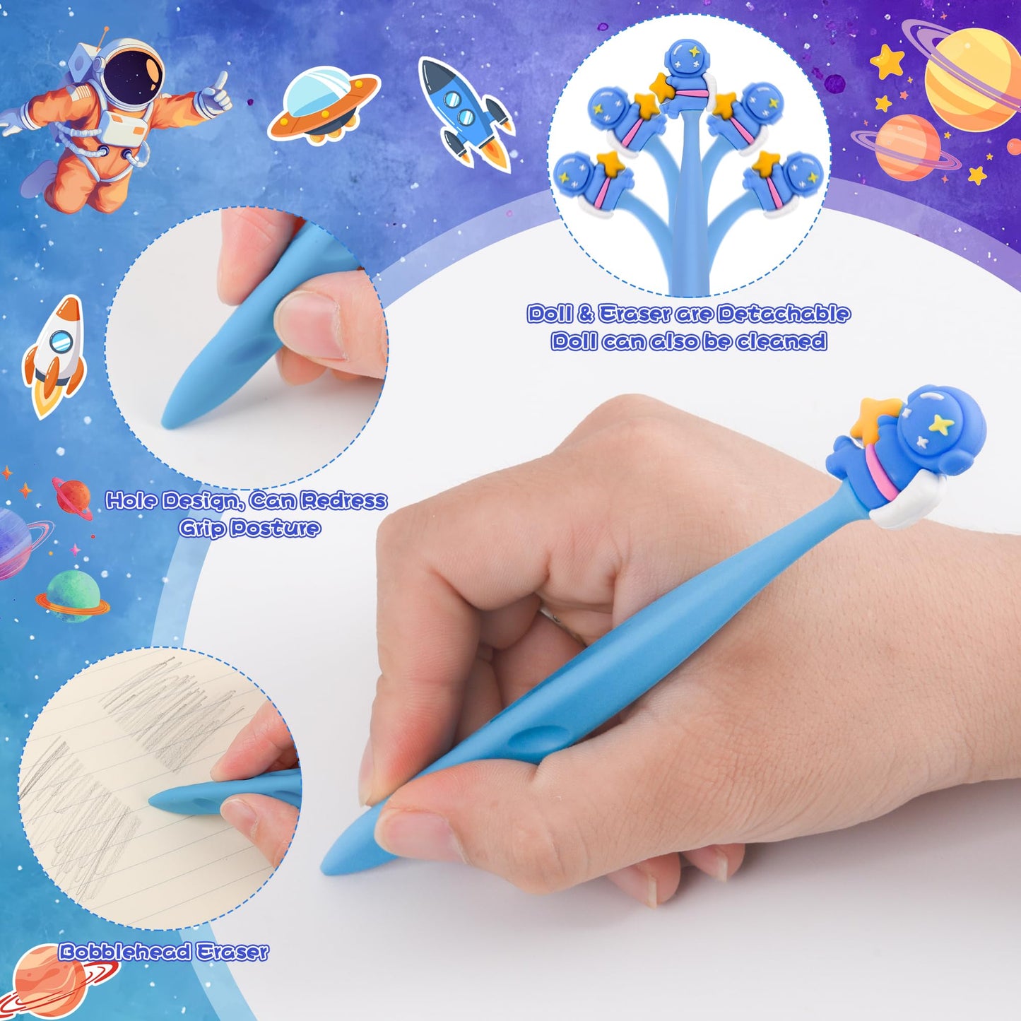 48 Pcs Cute Space Bobblehead Eraser for Pencils Kawaii Erasers Cute School Supplies Fun Planet Rocket Moon Spaceship Astronaut Shape Erasers Back to School Supplies Birthday Classroom Gifts
