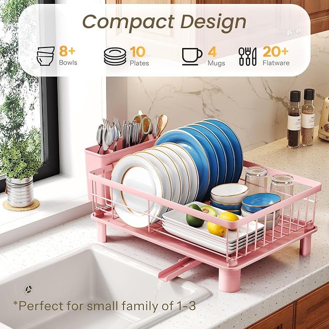 SNTD Dish Drying Rack - Small Dish Rack for Kitchen Counter, Stainless Steel Dish Drainer with Utensil Holder and Drainboard, 11" W x 15" L (Pink)