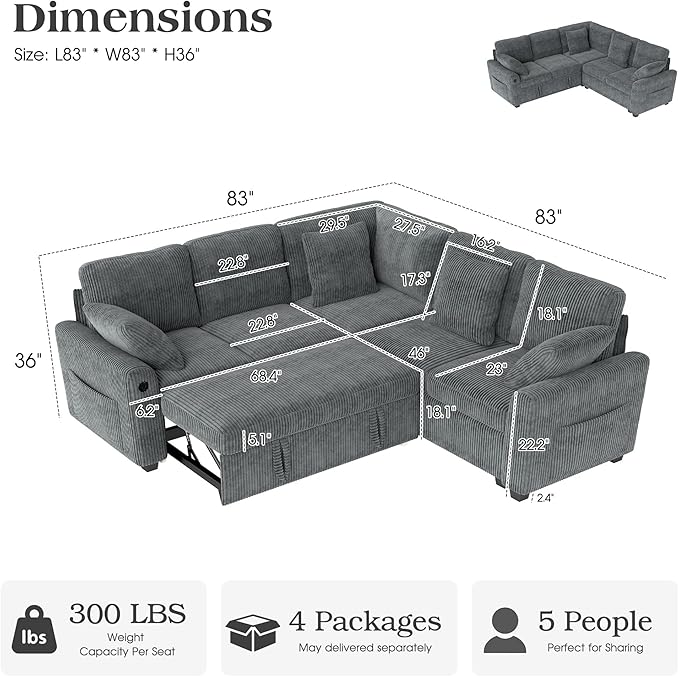 Ihanherry 83-inch 5-Seater Large Sectional Sofa Bed