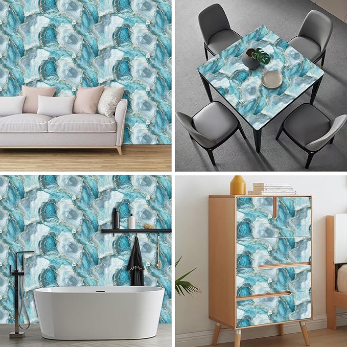 HOMETITUTE Teal Agate Marble Wallpaper Peel and Stick Blue Stone Pattern