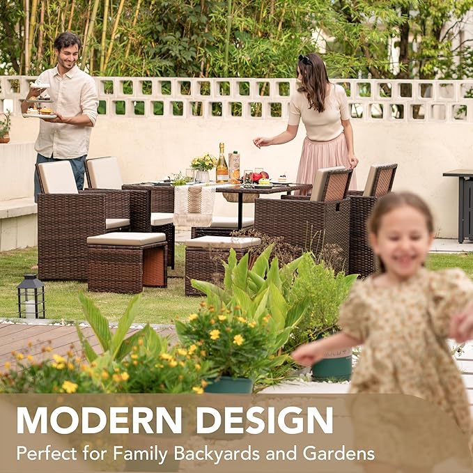 Devoko 9 Pieces Patio Dining Sets Outdoor Space Saving Rattan Chairs
