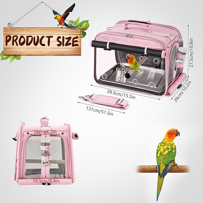Bird Carrier Airline Approved, Bird Travel Cage with Indestructible Stainless Steel Mesh, Bird Travel Bag Lightweight and Portable with Water Bottle and Bowl