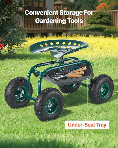 VEVOR Rolling Garden Cart with Swivel Seat, Heavy Duty Garden Seat with Storage Basket & Tool Tray, 300 lbs Weight Capacity, Outdoor Utility Gardening Stool Scooter for Lawn Yard Planting Weeding